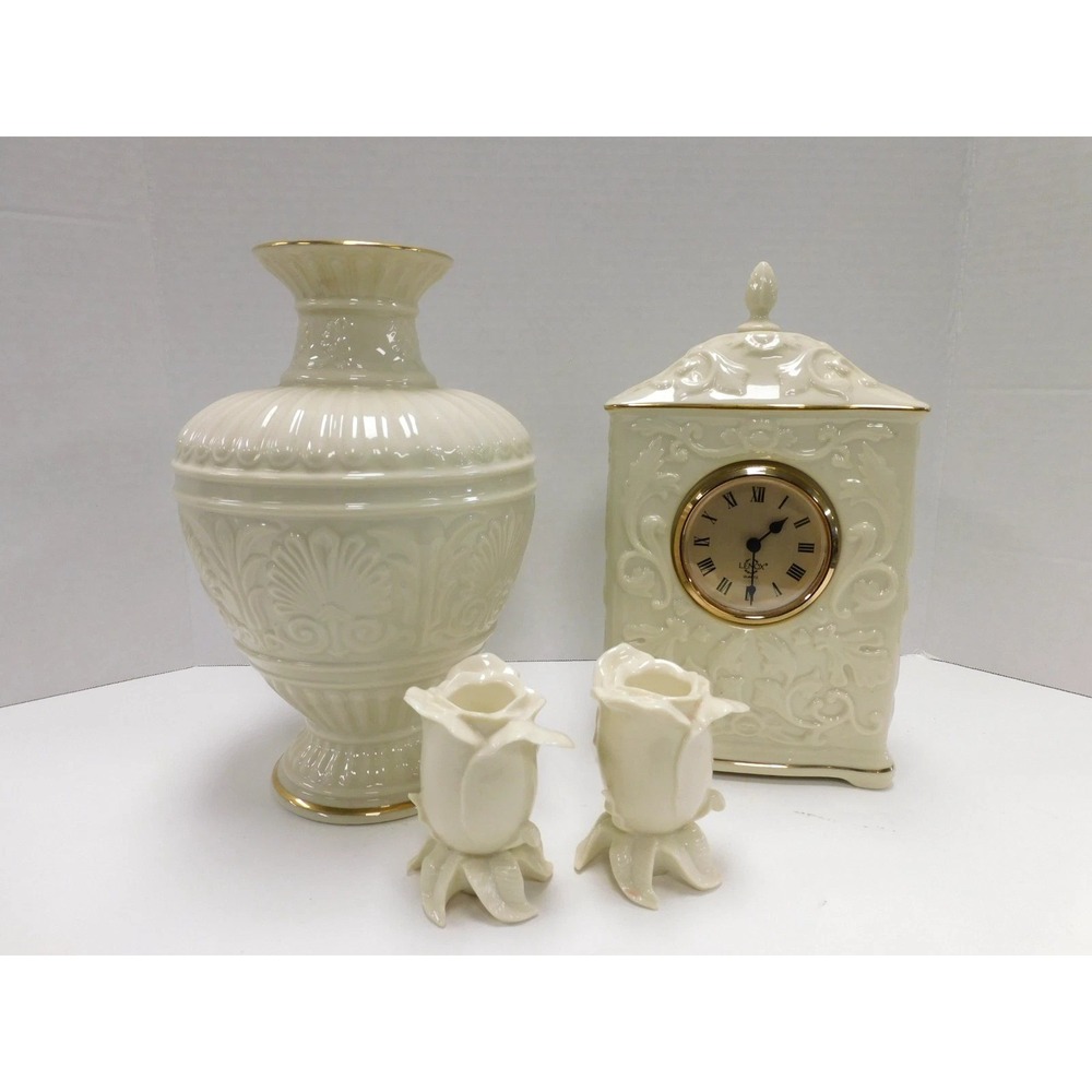 4Pcs Lenox Collection, Clock, Vase, Candlestick Holders DW715